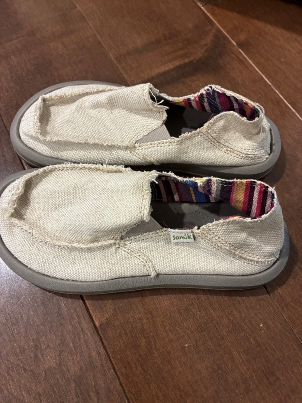 Sanuk Kids Cream Canvas Slip-On Sneakers with Striped Lining